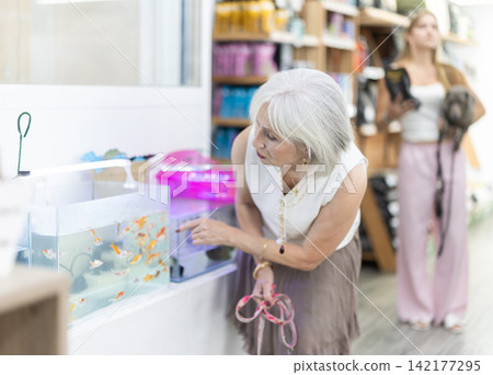 Senior woman view aquarium with decorative fish in store Senior woman view aquarium with decorative fish in store 142177295