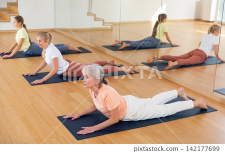 Sporty people practicing stretching yoga training in class Sporty people practicing stretching yoga training in class 142177699