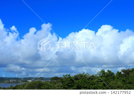 A summer scene with large white clouds spreading across a blue sky. A summer scene with large white clouds spreading across a blue sky. 142177952