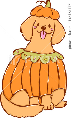 Cute Halloween Dog Golden Retriever in pumpkin Costume Cartoon Hand Drawn Illustration Cute Halloween Dog Golden Retriever in pumpkin Costume Cartoon Hand Drawn Illustration 142178117
