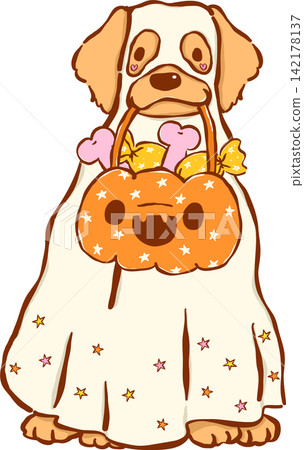 Cute Halloween Dog Golden Retriever Ghost Cartoon Hand Drawn Illustration, Puppy with Candy Pumpkin Basket in mouth Cute Halloween Dog Golden Retriever Ghost Cartoon Hand Drawn Illustration, Puppy with Candy Pumpkin Basket in mouth 142178137