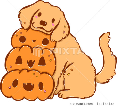 Cute Halloween Dog Golden Retriever Cartoon Hand Drawn Illustration, Autumn Puppy with Stack of Pumpkin Cute Halloween Dog Golden Retriever Cartoon Hand Drawn Illustration, Autumn Puppy with Stack of Pumpkin 142178138