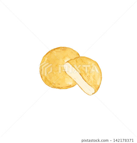 Oden's Satsuma-age (fried fish cake) and a watercolor illustration of a half-cut piece Oden's Satsuma-age (fried fish cake) and a watercolor illustration of a half-cut piece 142178371
