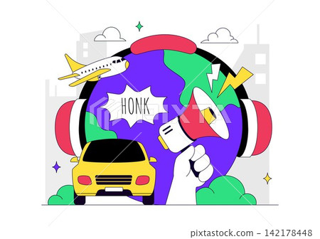 Noise Pollution Vector Illustration With Traffic, Construction, Aircraft, Loudspeakers and Distressed People In Urban Environment Concept Noise Pollution Vector Illustration With Traffic, Construction, Aircraft, Loudspeakers and Distressed People In Urban Environment Concept 142178448