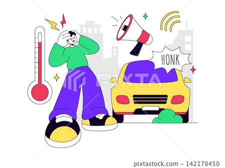 Noise Pollution Vector Illustration With Traffic, Construction, Aircraft, Loudspeakers and Distressed People In Urban Environment Concept Noise Pollution Vector Illustration With Traffic, Construction, Aircraft, Loudspeakers and Distressed People In Urban Environment Concept 142178450