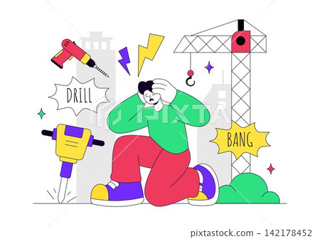 Noise Pollution Vector Illustration With Traffic, Construction, Aircraft, Loudspeakers and Distressed People In Urban Environment Concept Noise Pollution Vector Illustration With Traffic, Construction, Aircraft, Loudspeakers and Distressed People In Urban Environment Concept 142178452