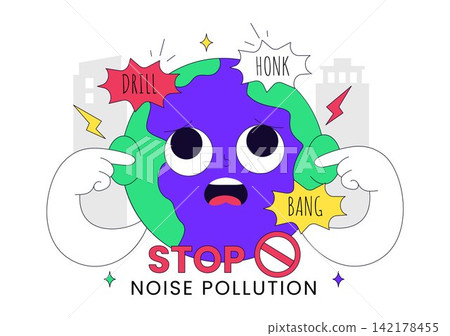 Noise Pollution Vector Illustration With Traffic, Construction, Aircraft, Loudspeakers and Distressed People In Urban Environment Concept Noise Pollution Vector Illustration With Traffic, Construction, Aircraft, Loudspeakers and Distressed People In Urban Environment Concept 142178455
