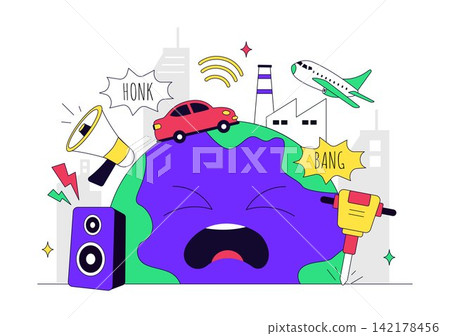 Noise Pollution Vector Illustration With Traffic, Construction, Aircraft, Loudspeakers and Distressed People In Urban Environment Concept 142178456