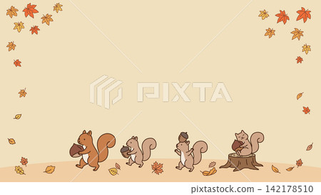 A cute autumn banner background featuring squirrels holding chestnuts and acorns, and colorful autumn leaves. A cute autumn banner background featuring squirrels holding chestnuts and acorns, and colorful autumn leaves. 142178510
