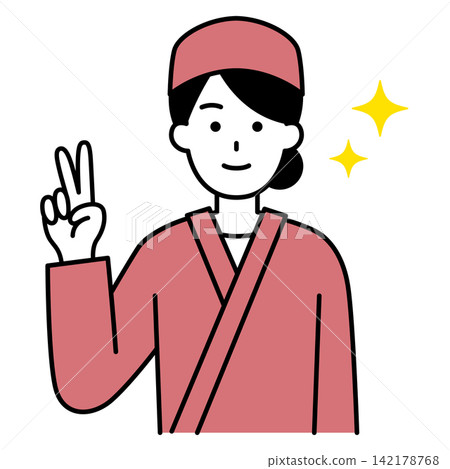 A female employee at a Japanese restaurant makes a peace sign. A female employee at a Japanese restaurant makes a peace sign. 142178768