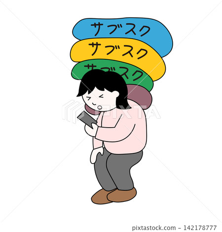 訂閱服務的負擔，以及疲憊的女性盯著智慧型手機的畫面。 142178777