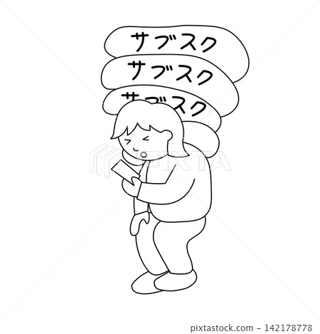 一幅黑白線條畫,描繪了一位被訂閱費用困擾、不停低頭看手機的女性。 一幅黑白線條畫,描繪了一位被訂閱費用困擾、不停低頭看手機的女性。 142178778
