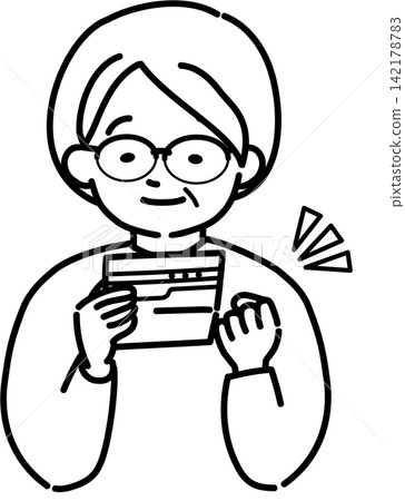 一位老婦人正在查看她的存摺(線條畫) 一位老婦人正在查看她的存摺(線條畫) 142178783