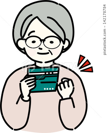 Elderly woman looking at passbook Elderly woman looking at passbook 142178784