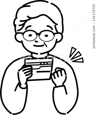 An elderly man looking at his bankbook (line drawing) An elderly man looking at his bankbook (line drawing) 142178785