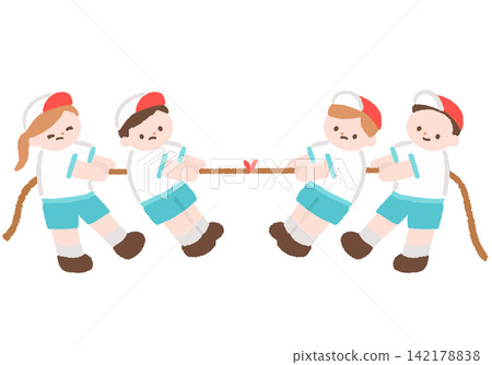 一幅描繪孩子們在學校運動會上玩拔河比賽的插圖。 142178838