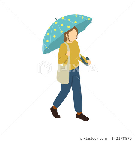 Isometric illustration: Woman walking with an umbrella (front view) Isometric illustration: Woman walking with an umbrella (front view) 142178876