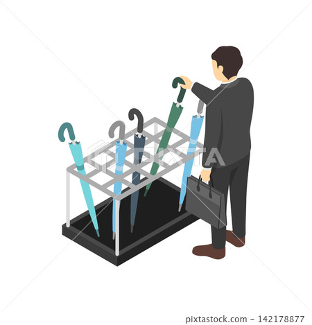 Isometric illustration: A man in a suit placing an umbrella in an umbrella stand. Isometric illustration: A man in a suit placing an umbrella in an umbrella stand. 142178877