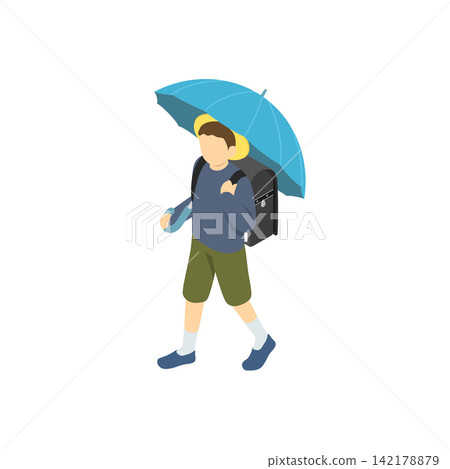 Isometric illustration: A boy with a schoolbag on his back walking with an umbrella. Isometric illustration: A boy with a schoolbag on his back walking with an umbrella. 142178879