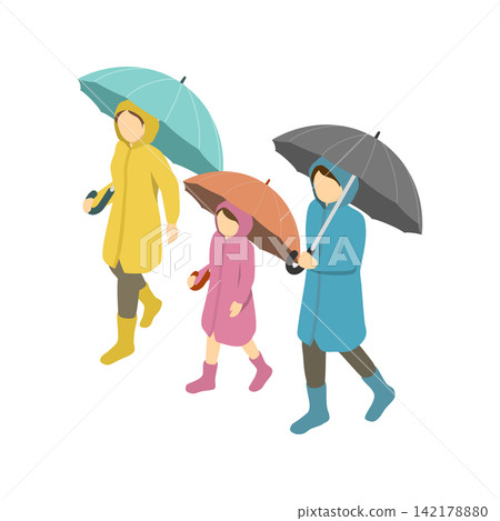 Isometric illustration: A parent and child walking while wearing raincoats and holding an umbrella. Isometric illustration: A parent and child walking while wearing raincoats and holding an umbrella. 142178880