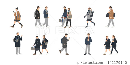 一組高中男生女生身穿冬季制服上學的插畫。 一組高中男生女生身穿冬季制服上學的插畫。 142179140