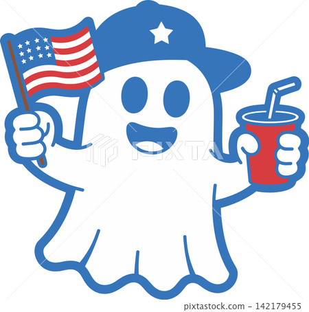 Cute Patriotic Ghost Holding American Flag and Drink Fourth of July Cartoon Illustration Cute Patriotic Ghost Holding American Flag and Drink Fourth of July Cartoon Illustration 142179455