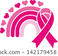 Pink Breast Cancer Awareness Rainbow with Ribbon and Hearts Illustration 142179458