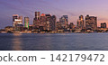Boston skyline illuminated at dusk with Atlantic Ocean on the foreground, USA 142179472