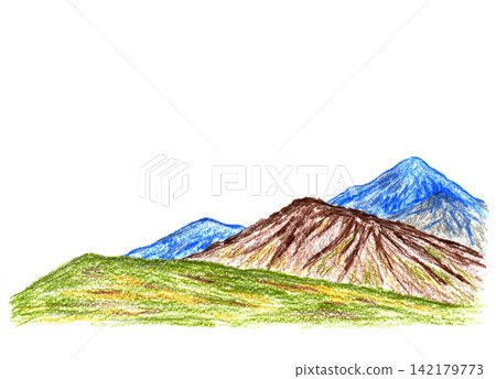 The mountain landscape painted with colored pencils. Blue brown green hills on a white background. Hand drawn illustration with empty place for text, for tourism, travel, postcards. The mountain landscape painted with colored pencils. Blue brown green hills on a white background. Hand drawn illustration with empty place for text, for tourism, travel, postcards. 142179773