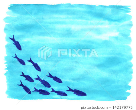 Hand drawn watercolor illustration for decor of marine design, scuba diving. Bright turquoise water, a flock of blue small fish. Blurry wavy background. Hand drawn watercolor illustration for decor of marine design, scuba diving. Bright turquoise water, a flock of blue small fish. Blurry wavy background. 142179775