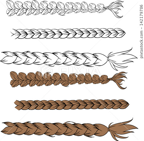 Braided Hair Line Drawing Illustration Set - Brush, Character, Girl Decoration, Hairstyle Materials 142179786