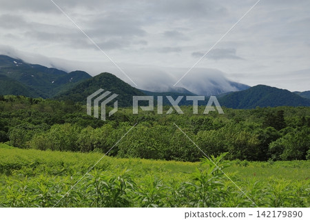 The Shiretoko mountain range is enveloped in a veil of clouds. The Shiretoko mountain range is enveloped in a veil of clouds. 142179890