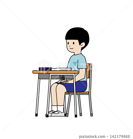 一名小學生雙手放在膝蓋上聽課。教室、課桌和椅子,極簡主義向量插圖。 一名小學生雙手放在膝蓋上聽課。教室、課桌和椅子,極簡主義向量插圖。 142179988