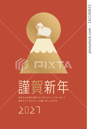 2027年新年賀卡:新年快樂!富士山和綿羊插圖,羊年,紅色背景 x 金色日式卡片材質。 2027年新年賀卡:新年快樂!富士山和綿羊插圖,羊年,紅色背景 x 金色日式卡片材質。 142180631
