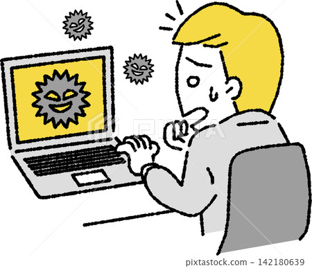 An illustration of a business person (male) whose computer is infected with a virus. An illustration of a business person (male) whose computer is infected with a virus. 142180639