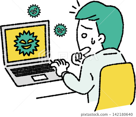 An illustration of a business person (male) whose computer is infected with a virus. An illustration of a business person (male) whose computer is infected with a virus. 142180640