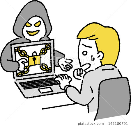 An illustration of a business person (male) infected with ransomware (a virus that demands a ransom). An illustration of a business person (male) infected with ransomware (a virus that demands a ransom). 142180791