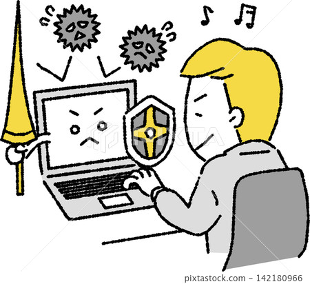An illustration of a business person (male) who has taken information security measures and computer virus protection seriously. An illustration of a business person (male) who has taken information security measures and computer virus protection seriously. 142180966