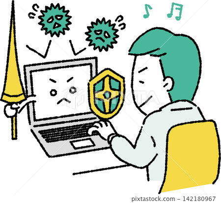 An illustration of a business person (male) who has taken information security measures and computer virus protection seriously. An illustration of a business person (male) who has taken information security measures and computer virus protection seriously. 142180967