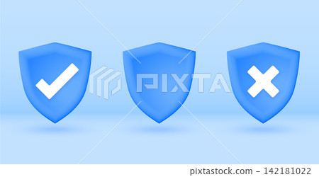 collection of three blue 3d shields element with checkmark and cross sign collection of three blue 3d shields element with checkmark and cross sign 142181022