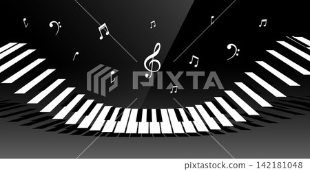 curved piano keyboard dark background with musical notes curved piano keyboard dark background with musical notes 142181048