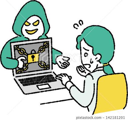 An illustration of a business person (female) infected with ransomware (a virus that demands a ransom). An illustration of a business person (female) infected with ransomware (a virus that demands a ransom). 142181201