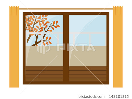 An illustration of an autumn window with orange curtains. An illustration of an autumn window with orange curtains. 142181215