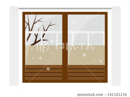 Illustration of a window in winter with snow falling | Snowscape and winter life 142181216