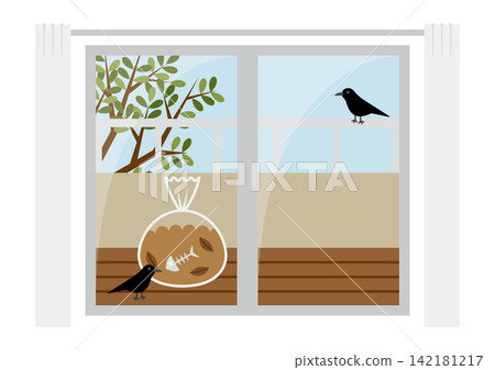 An illustration of a crow rummaging through a garbage bag on a balcony. An illustration of a crow rummaging through a garbage bag on a balcony. 142181217