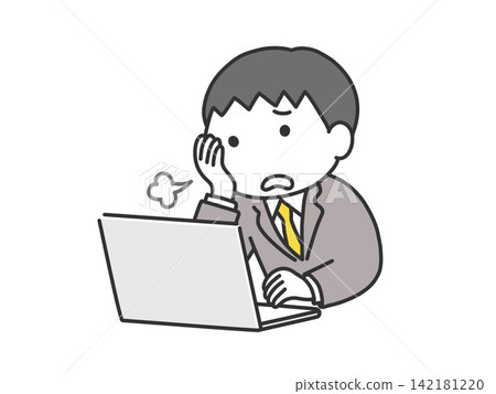 A man in a suit (with a round face) sighs in front of his computer. A man in a suit (with a round face) sighs in front of his computer. 142181220