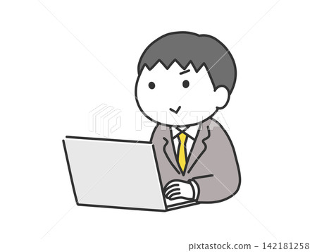 A man in a suit working on a computer (with a round face) 142181258