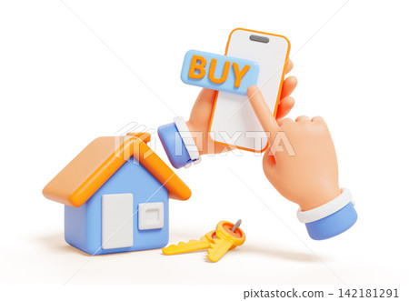 3D hand holding smartphone with buy button, house model and keys. Online real estate purchase, mortgage loan application, mobile payment, property investment concept isolated on white. 3D illustration 3D hand holding smartphone with buy button, house model and keys. Online real estate purchase, mortgage loan application, mobile payment, property investment concept isolated on white. 3D illustration 142181291