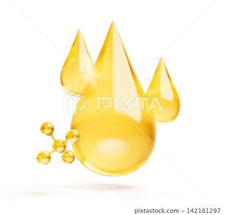 Oil drip 3d icon with golden molecule isolated on white background. Biotech cosmetic, gold collagen peptide serum drop, luxury vitamin essence. Yellow liquid droplets of water or fuel. 3D illustration Oil drip 3d icon with golden molecule isolated on white background. Biotech cosmetic, gold collagen peptide serum drop, luxury vitamin essence. Yellow liquid droplets of water or fuel. 3D illustration 142181297