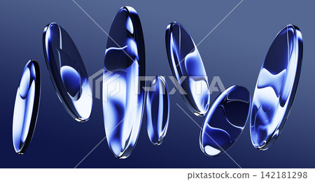 Abstract 3D blue glass discs floating on dark background. Transparent round lens forms clean circle, mirror effect with liquid light reflections. Render glossy crystal circular disks. 3D illustration 142181298